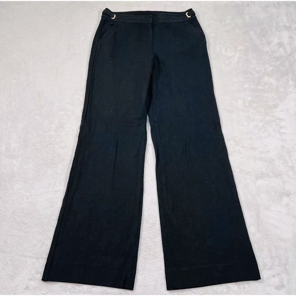 St. John Black Flowy Wide Leg Career Pants Sz 6 Yellow Gold Waist Detail Belt